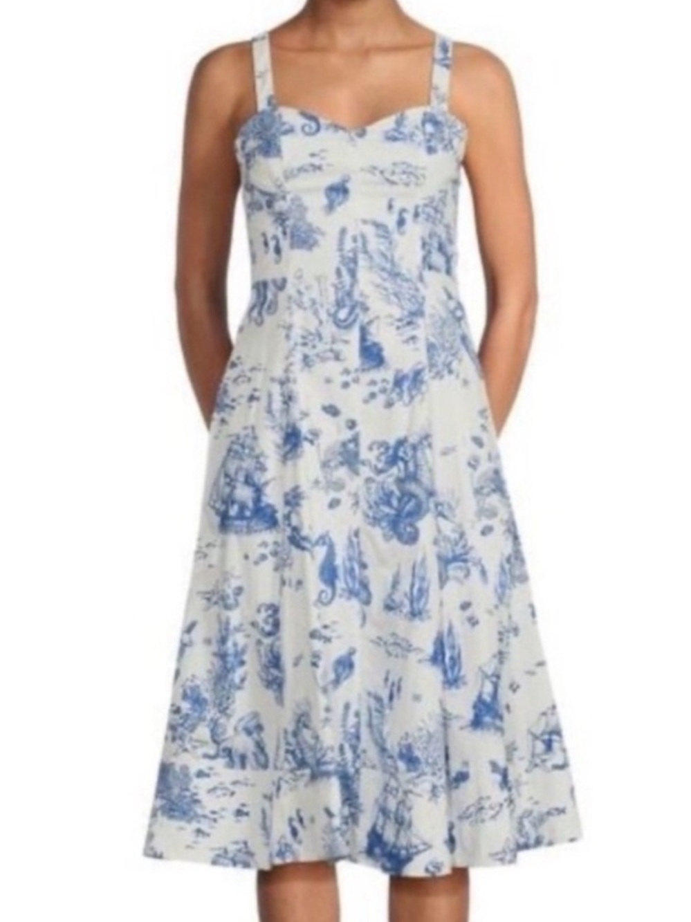 Avec Les Filles White and Blue Toile Midi Dress